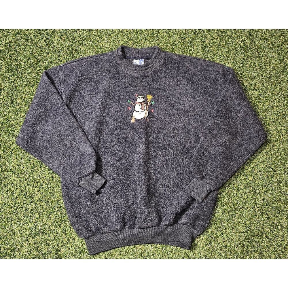 VINTAGE Art Unlimited Melton Fleece Sweater Mens Large Blue Winter Snowman USA